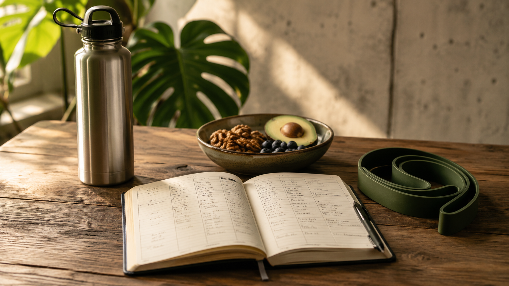 Trainingstagebuch, Wasserflasche, Widerstandsband und Avocado auf einem Holztisch – Fitnesstraining und Ernährungsberatung mit Dr. Bastian Garnitz
